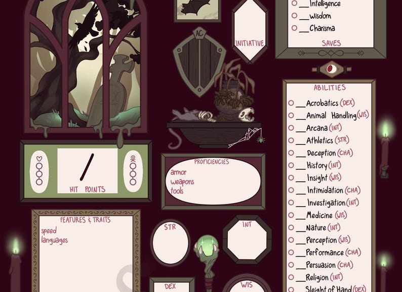 May include: A character sheet for a tabletop role-playing game. The sheet is filled with various stats and abilities, including strength, intelligence, wisdom, and charisma. The sheet also includes a section for proficiencies, features, and traits. The sheet is decorated with a dark, gothic theme.