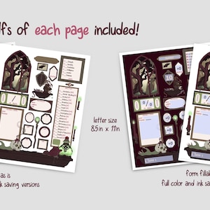 May include: Two printable character sheets for role-playing games. The sheets are in a dark, gothic style with a forest scene and a potion bottle. The text on the sheets says "print as is" and "form fillable".