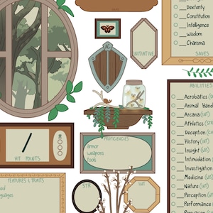 May include: A character sheet for a tabletop role-playing game, with a nature theme. The sheet includes sections for hit points, abilities, saves, proficiencies, features and traits, and statistics. The sheet is decorated with illustrations of a window, a shield, a jar of fireflies, and a branch with leaves.