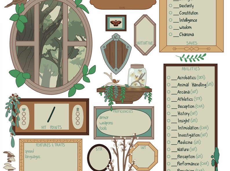 May include: A character sheet for a tabletop role-playing game, with a nature theme. The sheet includes sections for hit points, abilities, saves, proficiencies, features and traits, and statistics. The sheet is decorated with illustrations of a window, a shield, a jar of fireflies, and a branch with leaves.