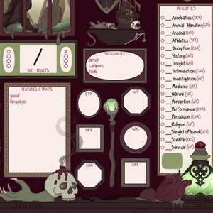 May include: A character sheet for a role-playing game with a dark background and illustrations of a skull, a potion bottle, and a staff. The sheet includes sections for abilities, features and traits, hit points, class level, race, and proficiency. The sheet also includes spaces for character stats such as strength, dexterity, constitution, intelligence, wisdom, and charisma.