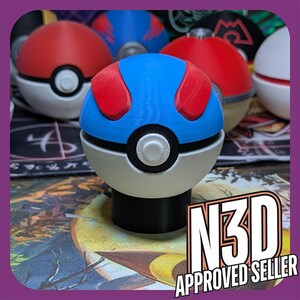 May include: A blue and white Pokeball with red accents. The Pokeball is a 3D printed replica of the popular video game character.