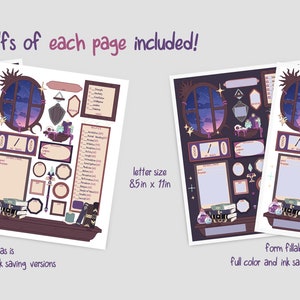 May include: Two printable pages for a character sheet, one with a light background and one with a dark background. Both pages feature a window with a night sky and stars, a table with books and potions, and a variety of other elements. The text "print as is" and "form fillable" is included on the pages. The text "letter size 8.5in x 11in" is included on the page. The text "16 pages!" is included on the page.