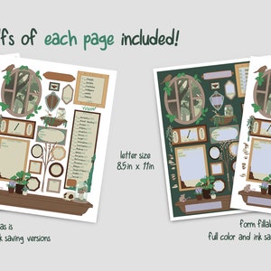 May include: Two printable pages of a nature-themed planner with a green background. The left page is a full-color version and the right page is a form-fillable version. Both pages feature a window with a bird, a skull, and a variety of plants and flowers. The text "print as is" and "form fillable" are printed at the bottom of the pages. The text "letter size 8.5in x 11in" is printed in the middle of the page.
