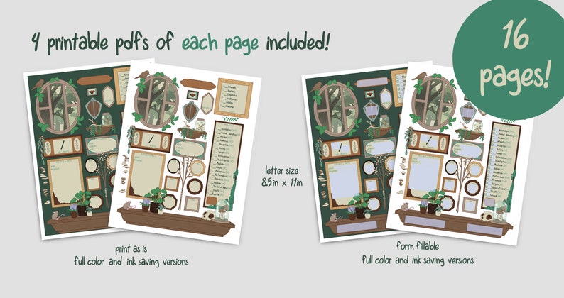 May include: Two printable pages of a nature-themed planner with a green background. The left page is a full-color version and the right page is a form-fillable version. Both pages feature a window with a bird, a skull, and a variety of plants and flowers. The text "print as is" and "form fillable" are printed at the bottom of the pages. The text "letter size 8.5in x 11in" is printed in the middle of the page.