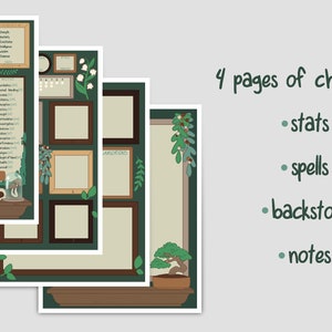 May include: Four printable pages for character details, with a green background and decorative borders. The pages are labeled "stats sheet", "spells sheet", "backstory sheet", and "notes sheet".