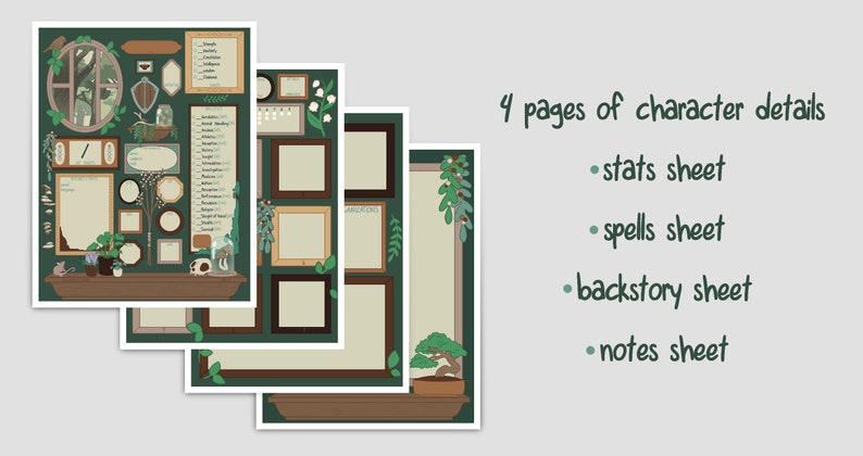 May include: Four printable pages for character details, with a green background and decorative borders. The pages are labeled "stats sheet", "spells sheet", "backstory sheet", and "notes sheet".