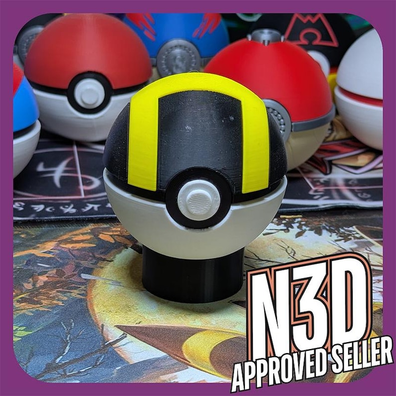 May include: A black and yellow Pokeball with a white center and a black base. The Pokeball is a 3D printed replica of the popular video game character.