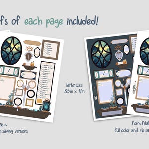 May include: Two printable pages of a character sheet for role-playing games. The pages are designed with a fantasy theme and feature a window with a starry night sky, a sword, and other decorative elements. The pages are available in both full color and ink-saving versions. The text on the page reads "print as is" and "form fillable".