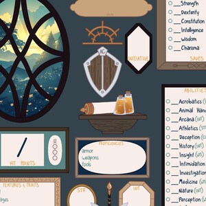 May include: A character sheet for a tabletop role-playing game. The sheet includes sections for hit points, abilities, proficiencies, features and traits, and saves. The sheet is decorated with a window with a view of a forest and a shield.