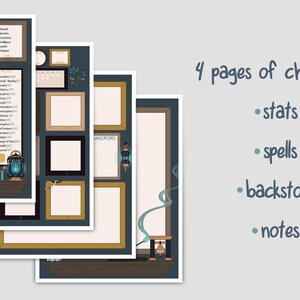 May include: Four printable pages for character details, including a stats sheet, spells sheet, backstory sheet, and notes sheet. The pages feature a dark blue background with gold accents and illustrations.
