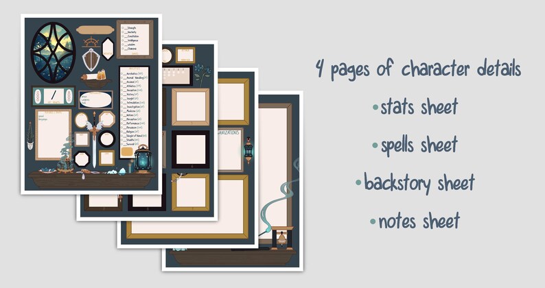 May include: Four printable pages for character details, including a stats sheet, spells sheet, backstory sheet, and notes sheet. The pages feature a dark blue background with gold accents and illustrations.