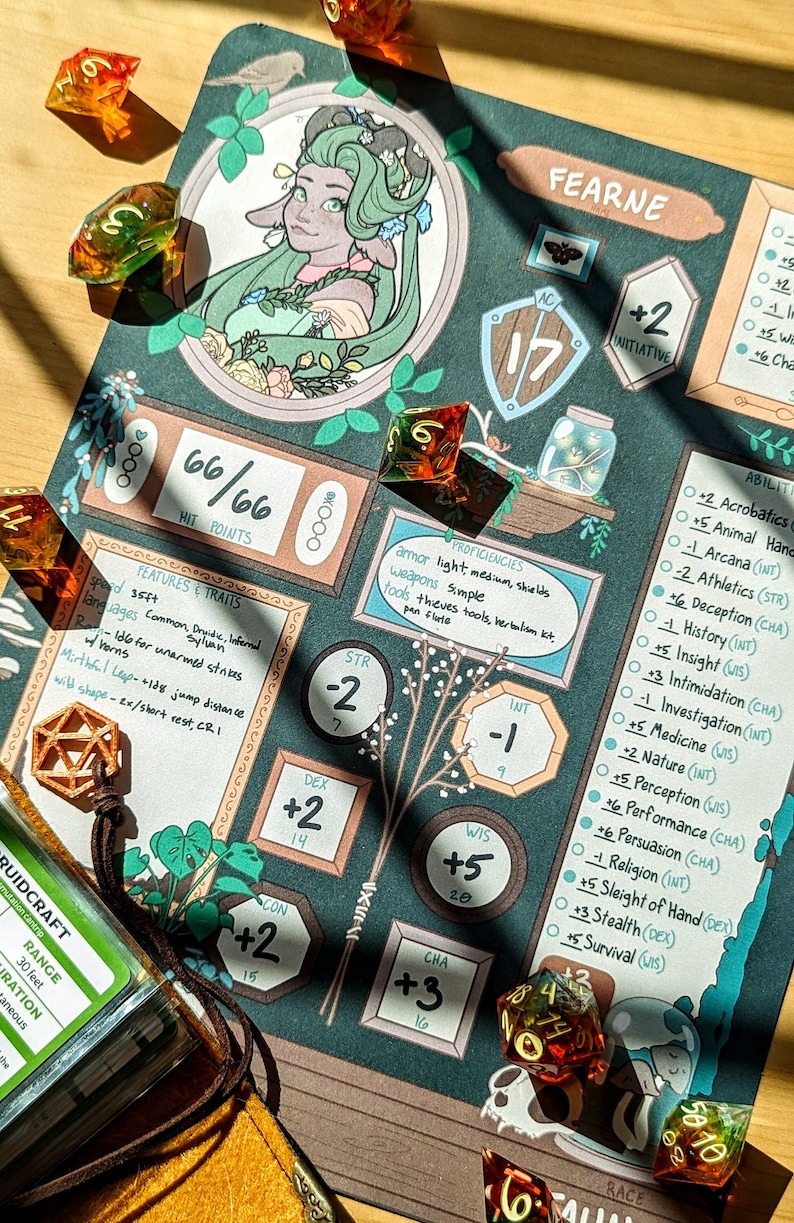 May include: A green and brown character sheet for a tabletop role-playing game. The character's name is Fearne. The sheet includes stats, abilities, and proficiencies. The character has a green skin tone, green hair, and brown eyes. The character is wearing a green and brown outfit. The sheet is decorated with flowers and leaves.