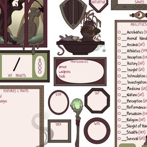 May include: A character sheet for a tabletop role-playing game. The sheet includes sections for hit points, features and traits, abilities, proficiencies, and statistics. The sheet is decorated with a dark green and brown color scheme and features a skull and bones motif.