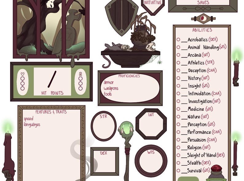May include: A character sheet for a tabletop role-playing game. The sheet includes sections for hit points, features and traits, abilities, proficiencies, and statistics. The sheet is decorated with a dark green and brown color scheme and features a skull and bones motif.