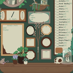 May include: A green character sheet with a wooden frame, a skull, and a mushroom in a glass dome. The sheet has sections for hit points, features and traits, proficiency, ability scores, and class and level.