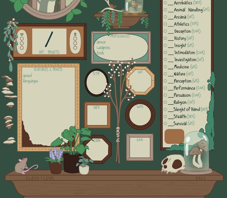 May include: A green character sheet with a wooden frame, a skull, and a mushroom in a glass dome. The sheet has sections for hit points, features and traits, proficiency, ability scores, and class and level.