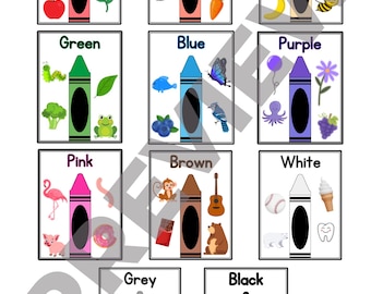 May include: A set of flashcards featuring crayons and objects in various colors. Each card displays a crayon and related items like a red ladybug, an orange fox, a yellow duck, a green broccoli, a blue butterfly, a purple octopus, a pink flamingo, a brown bear, a gray cloud, and a black cat.