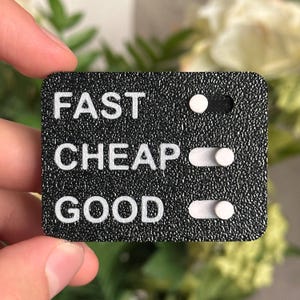 Op de afbeelding: Een zwart rechthoekig bord met de woorden "FAST", "CHEAP" en "GOOD" in het wit, elk met een bijbehorende witte schuifregelaar. Het bord heeft een getextureerd oppervlak.
