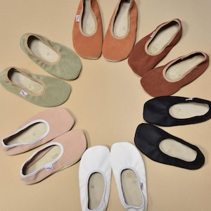 Puede incluir: Una colección de zapatillas de ballet en varios colores, incluyendo verde, melocotón, naranja, marrón, negro y blanco. Cada zapatilla tiene una punta redondeada y una suela blanda. Las zapatillas están dispuestas en un patrón circular.