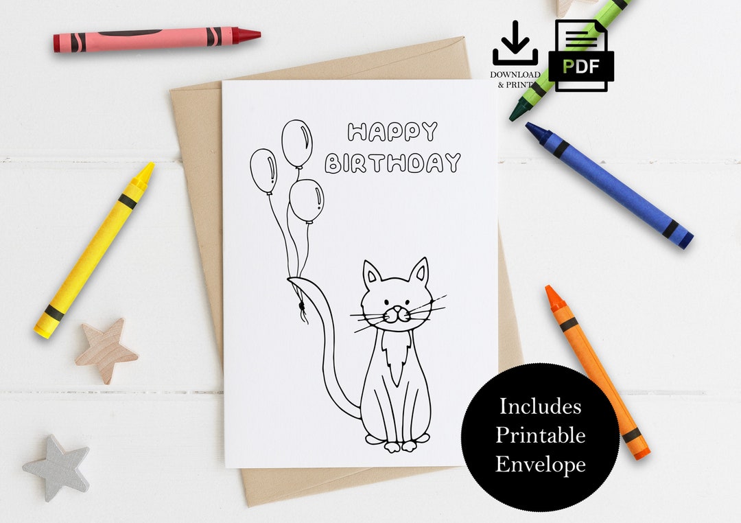 Printable Birthday Card Cat Coloring Card Colorable Card - Etsy Australia