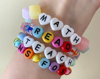 Handmade Teacher Appreciation Stackable Bracelets Colorful Solf Clay Love Teach Inspire Letter Beaded Adjustable Bracelets Sweet Teacher Gifts For Women, Metal, Beads