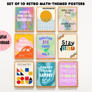 Set of 10 Groovy Retro Funky Trendy Math Printable Classroom Posters Wall Decor Bulletin Board, Calculus Algebra Trigonometry Geometry