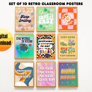 Set of 10 Groovy Retro Funky Trendy Printable Classroom Posters Wall Decor Bulletin Board, Growth Mindset Inspirational Quotes