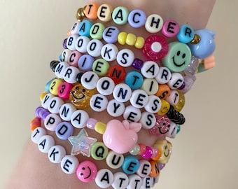 Teacher beaded bracelet, stretch pastel rainbow stackable cute bead friendship swiftie bracelet, personalized gift math English science