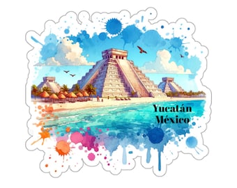 Yucatan Mexico Travel Sticker, Mayan Ruins Beach Scene