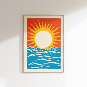 Minimal Sun Over Sea Poster | Seaside Poster | Minimal Artwork | Orange sun Blue Sea Wall Art | Abstract Art | Mid Century Modern | Vintage