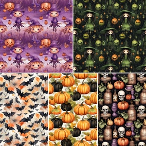 May include: A digital paper pack with four different Halloween themed patterns. The first pattern features witches with purple and orange accents on a purple background. The second pattern features witches with green accents on a dark green background. The third pattern features bats on a light orange background. The fourth pattern features pumpkins and gourds on a white background.