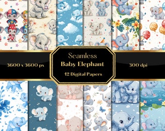 Elephant Digital Paper, Nursery Seamless Pattern, Baby Shower, Scrapbook Paper, Commercial Use