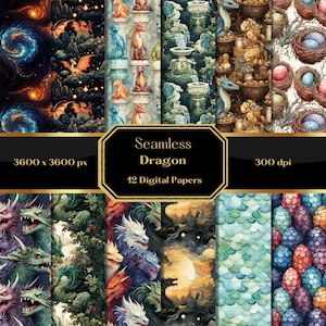 Dragon Seamless Pattern, Digital Paper, Scrapbook Paper, Dragon Repeating Pattern Instant Download, Dragons, Commercial Use