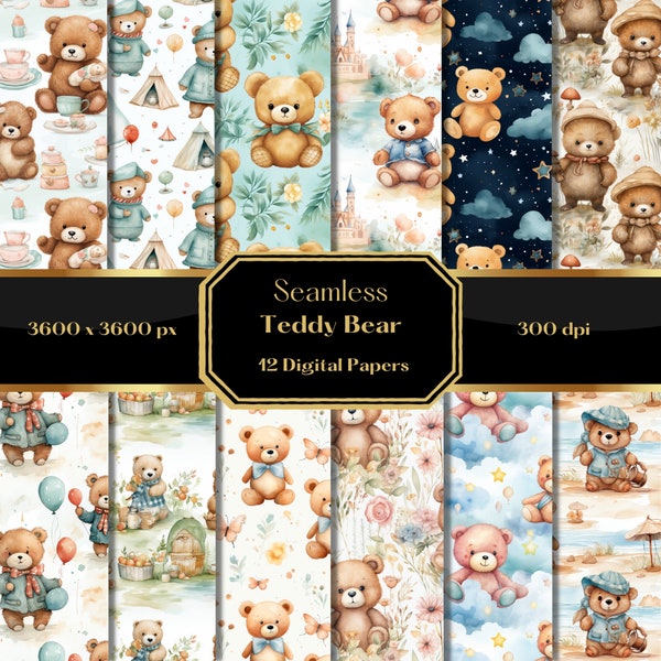 Teddy Bear Digital Paper, Nursery Seamless Pattern, Baby Shower, Scrapbook Paper, Commercial Use