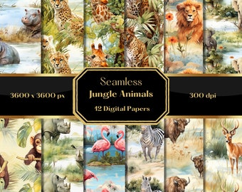 Watercolor Safari Animals Digital Paper: Seamless Jungle Patterns (Digital Download)