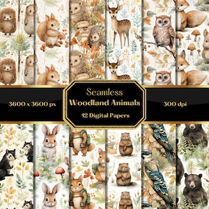Papel digital com padrão sem emenda de floresta em aquarela, páginas para impressão de animais da floresta, berçário de bebê, álbum de recortes, uso comercial