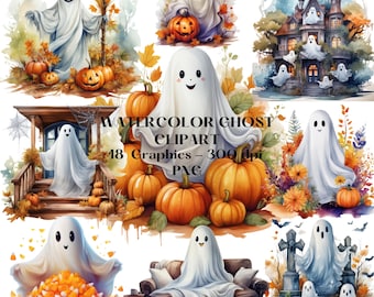 Watercolor Ghost Clipart, Spooky Halloween PNG, Commercial Use