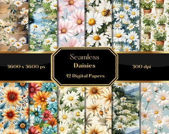 Daisy Digital Paper, Spring Floral Patterns For Scrapbooking, Seamless Floral Backgrounds for Invitations, Commercial Use