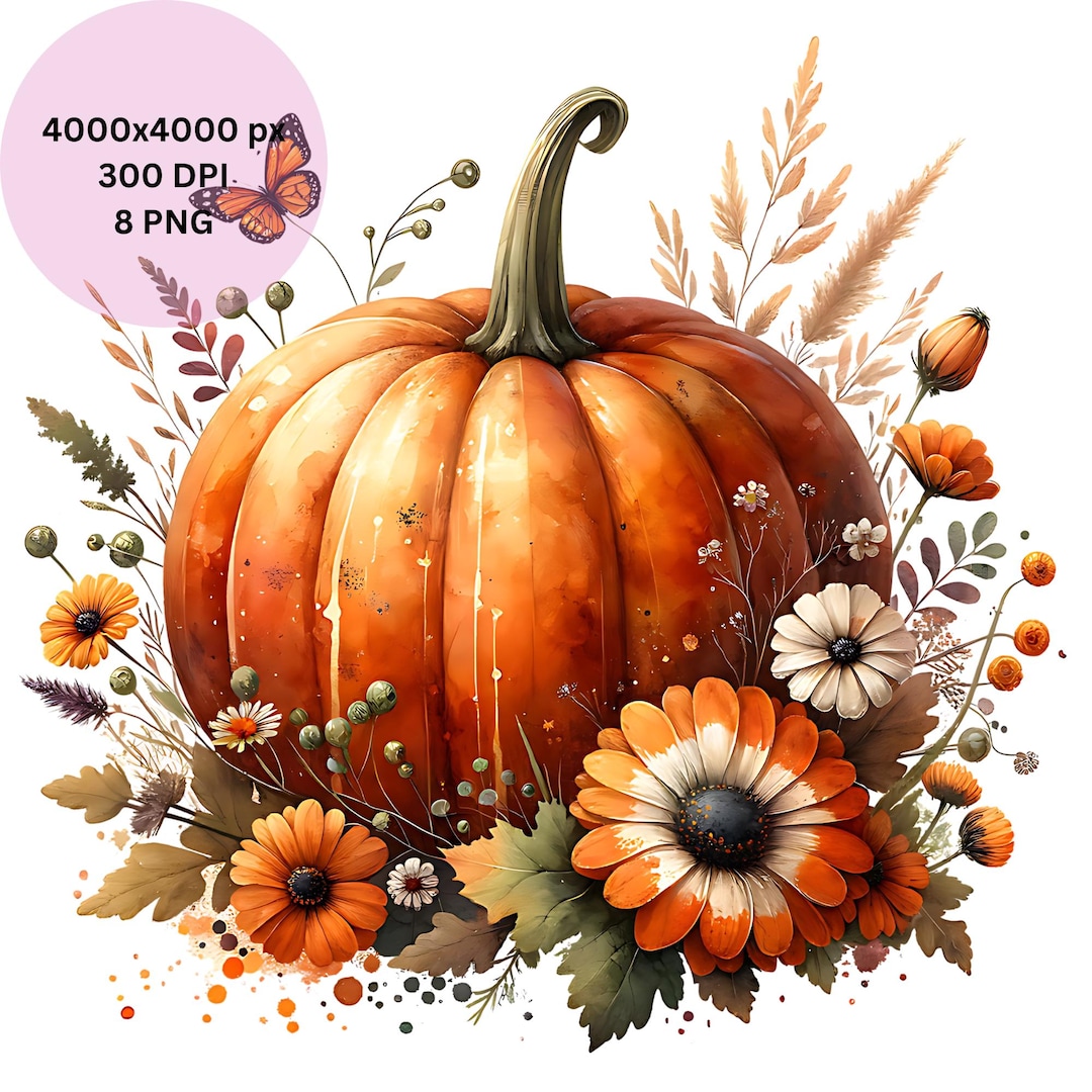 Watercolor Floral Pumpkin Clipart: Pumpkin PNG, Autumn Digital Download ...