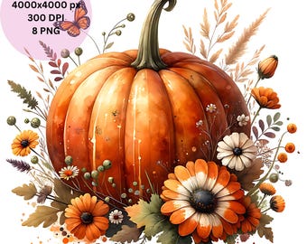 Imágenes prediseñadas de calabazas florales en acuarela: Calabaza PNG, Descarga digital de otoño