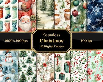 Watercolor Christmas Digital Paper, Seamless Printable Scrapbook Paper, Instant Download, Commercial Use