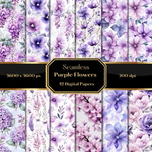 Papel digital de flores roxas aquarela, padrão floral, padrão sem costura, álbum de recortes, uso comercial
