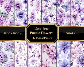 Aquarel paarse bloemen digitaal papier, bloemmotief, naadloos patroon, scrapbooking, commercieel gebruik