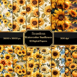 Aquarell Sonnenblume Digitales Papier, Sonnenblumenmuster, digitale Hintergründe, kommerzielle Nutzung