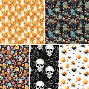 May include: A digital collage of four Halloween themed patterns. The top left pattern features white ghosts on an orange background. The top right pattern features a dark blue background with houses, pumpkins, and stars. The bottom left pattern features a black background with candy, pumpkins, and other Halloween treats. The bottom right pattern features a white background with black spiders and orange pumpkins.