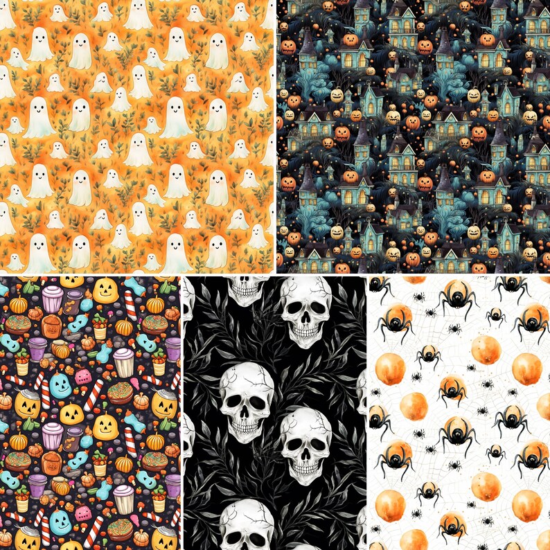 May include: A digital collage of four Halloween themed patterns. The top left pattern features white ghosts on an orange background. The top right pattern features a dark blue background with houses, pumpkins, and stars. The bottom left pattern features a black background with candy, pumpkins, and other Halloween treats. The bottom right pattern features a white background with black spiders and orange pumpkins.