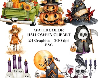 Watercolor Halloween Clipart, Halloween Clipart Graphics, PNG Graphics, Digital Download