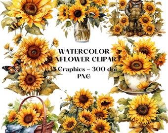 Watercolor Sunflower Clipart: Rustic Floral PNG Graphics (Commercial Use)