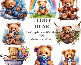 Watercolor Teddy Bear Clipart, Teddy Bear PNG, Baby Shower Invitations Boy Clipart, Bear Nursery Decor, Commercial Use